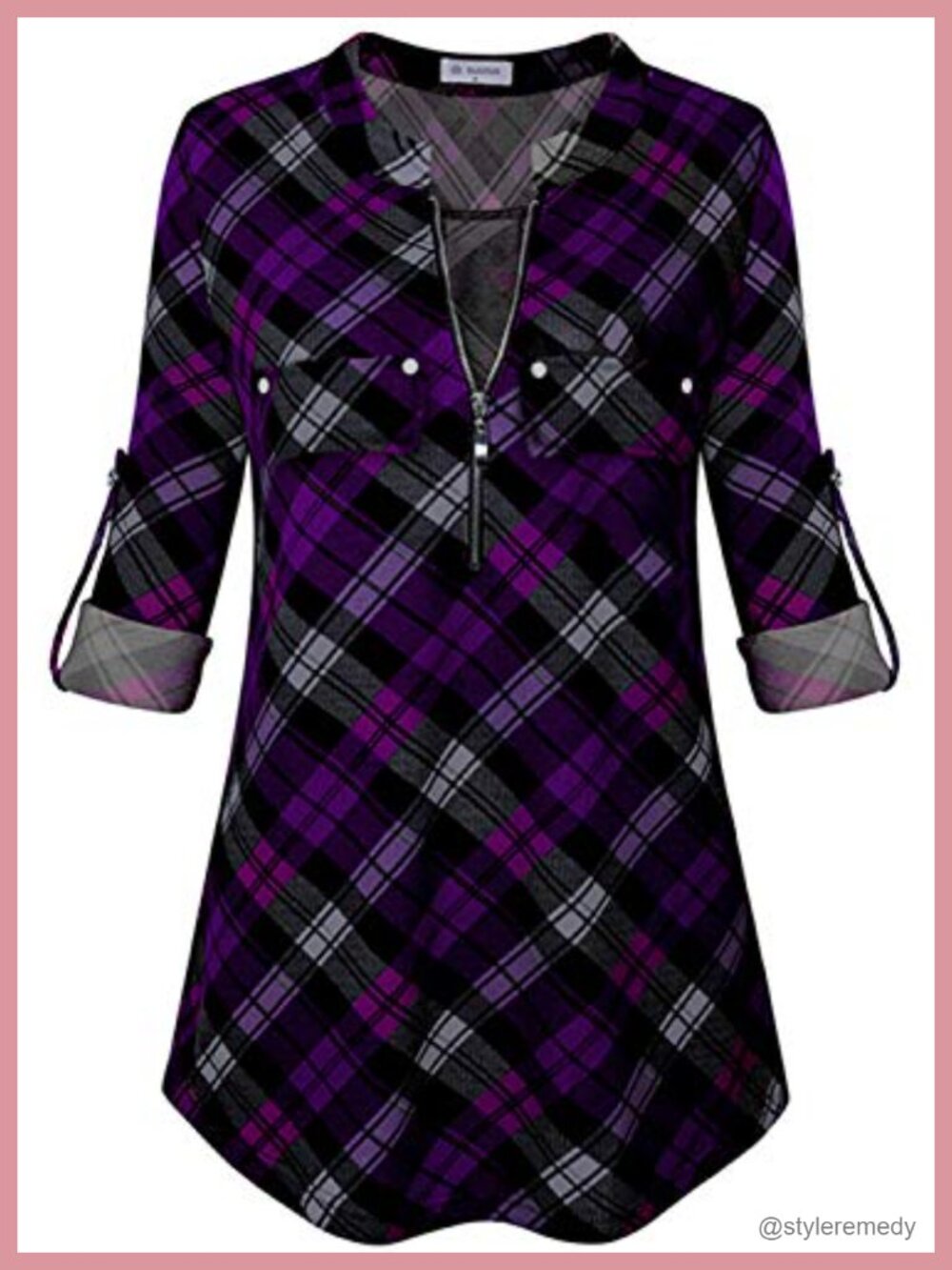 3/4 Sleeve Plaid Tunic Blouse V-Neck Zip Work Top